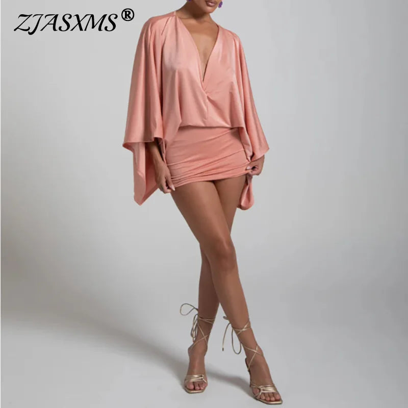 New Autumn Chic Deep V-Neck Boho Dress Retro Solid Spliced Flare Sleeve Prom Dress Spring Woman Club Elegant Slim Fit Mini Dress