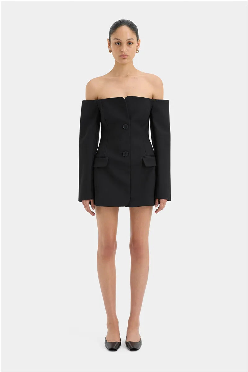 Mozision Off-shoulder Strapless Sexy Blazer Dress For Women Fashion Solid Zipper Two Pocket Long Sleeve Backless Mini Dress