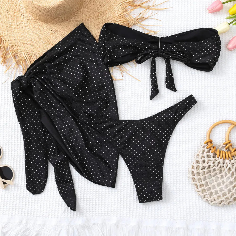 Sexy Black Shiny Swimwear with Sarong String Halter Triangle Bikinis Set 3 Piece Rhinestone Swimsuit Women 2025 Bather Beachwear
