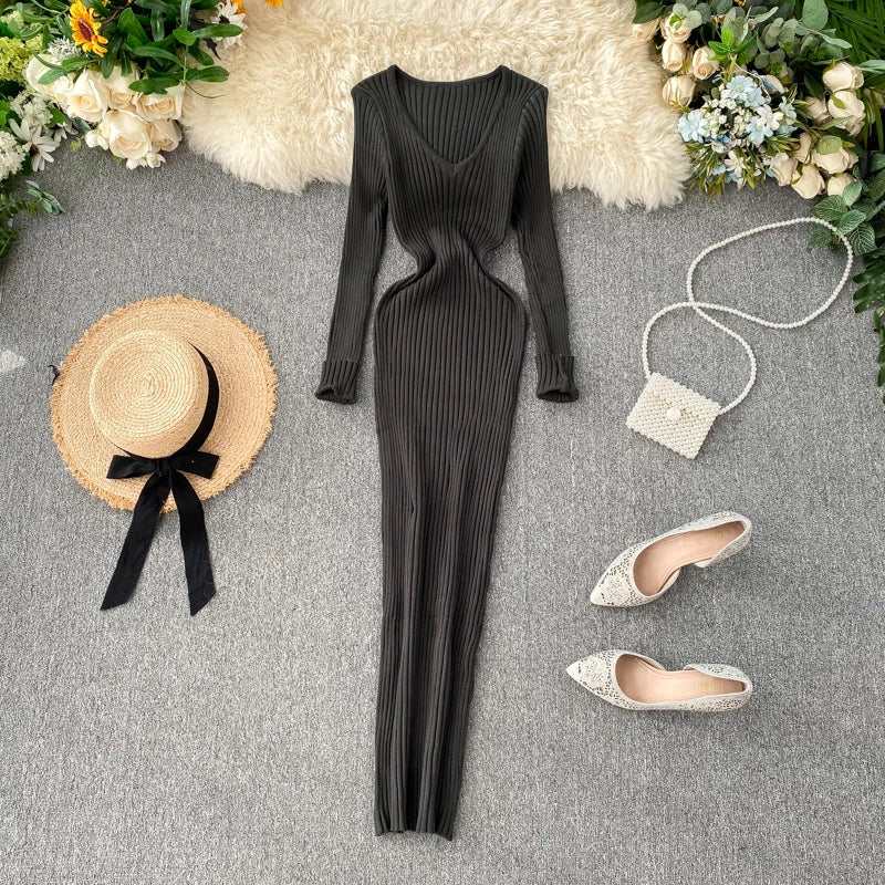 Women's Knitted Midi Dr Pure Color Long Sve Slim Fit High Waist V-Ne Korean Sle Faionable Autumn Winter Dr