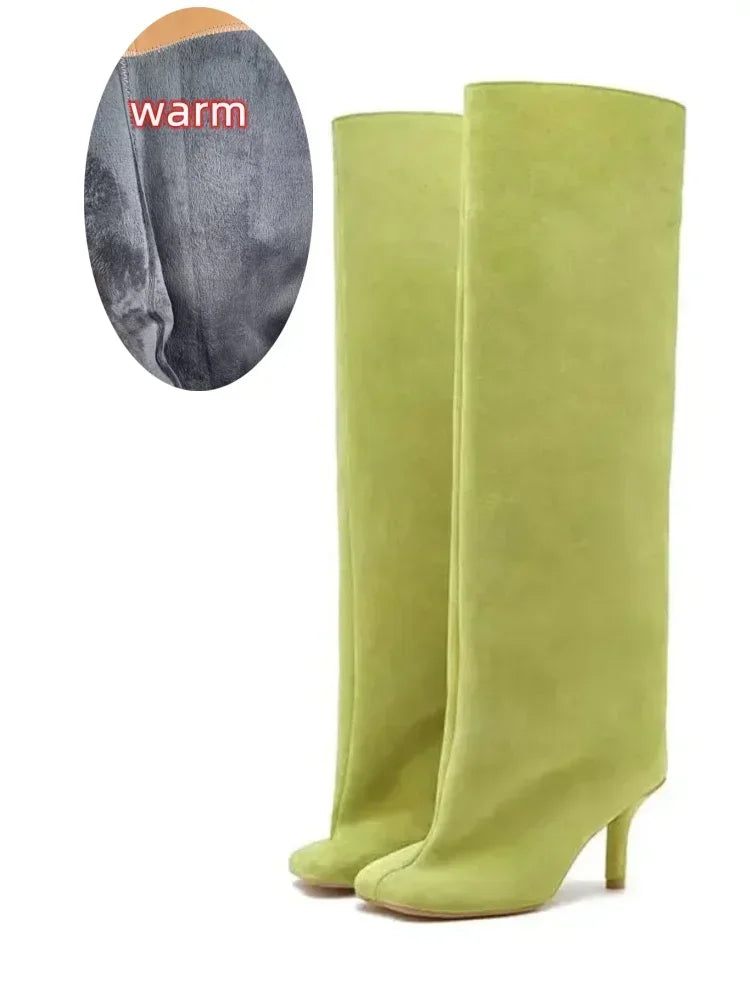 2024 European and American Fashion Stiletto Heels Wide Leg Knee Sleeve Boots Women's Square Head Suede Warm Boots