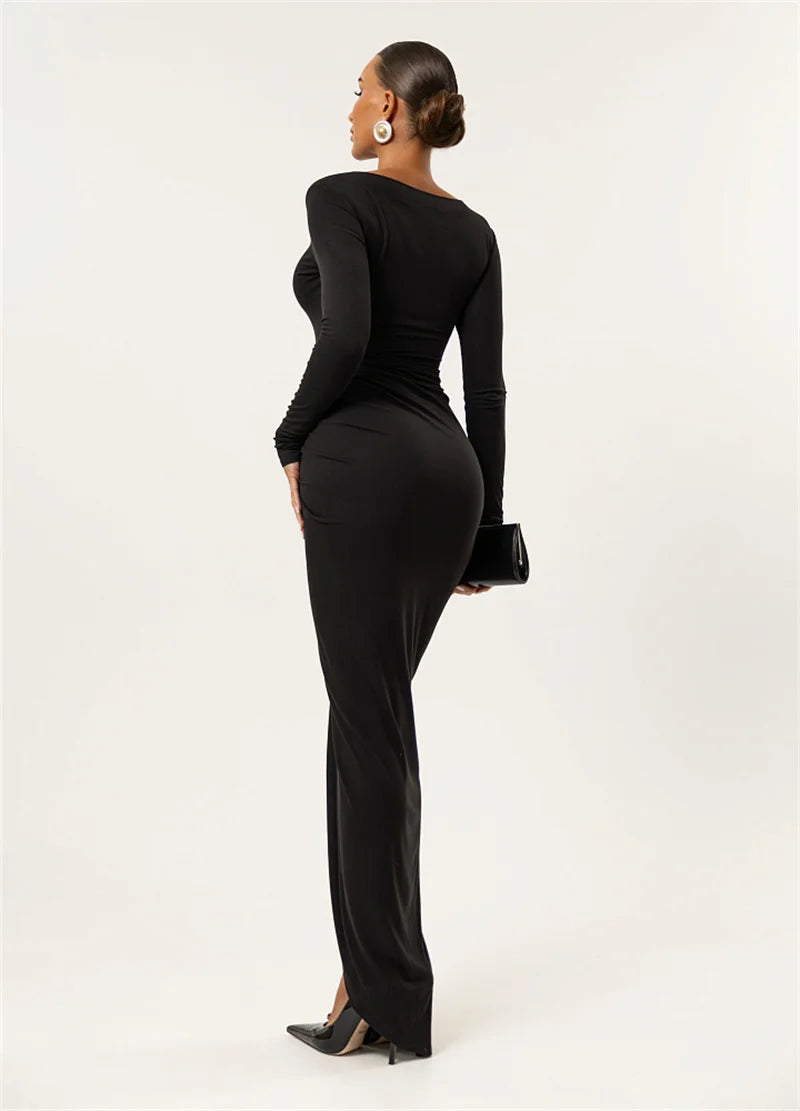 Mozision Long Sleeve Thigh High Split Sexy Maxi Dress Women Gown Elegant O Neck Draped Ruched Bodycon Club Party Long Dresses