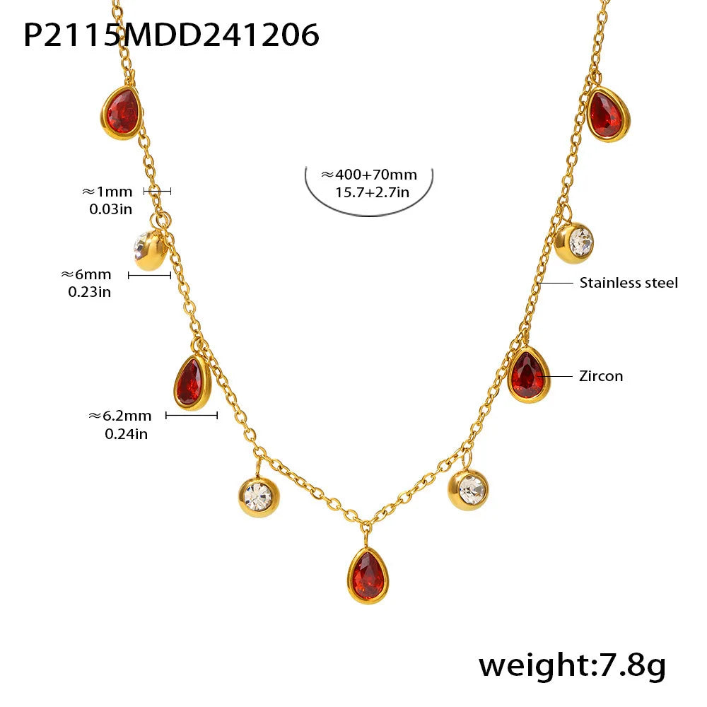 Beautiful Necklace for Women Red Green Zircon Tassel Stainless Steel Waterproof O Chain Gold Plated Charm Jewelry Gift