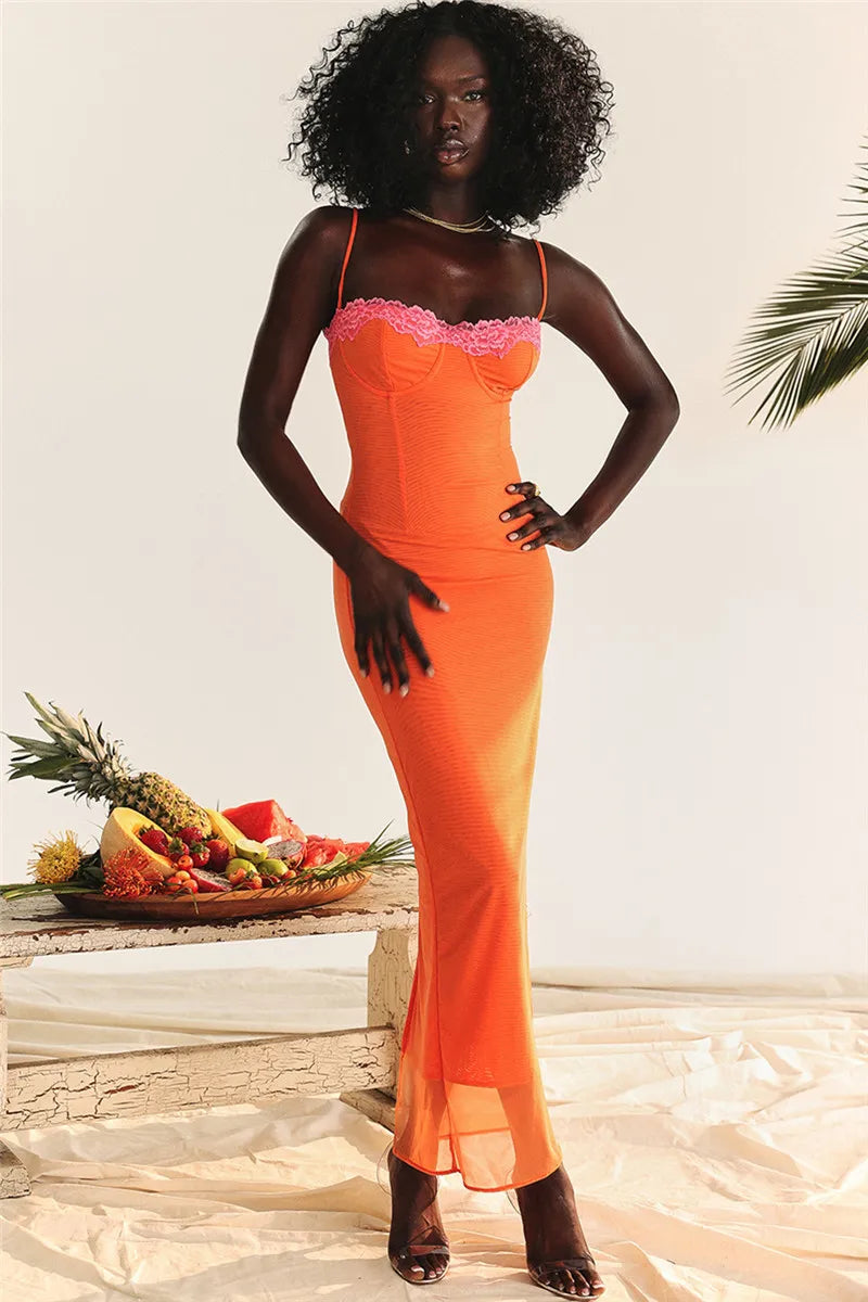 Mozision Lace Spaghetti Strap Bodycon Maxi Dress Women Gown Patchwork Fashion Sleeveless Backless Sexy Club Party Dress Elegant