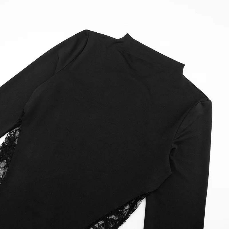 Mozision Lace See Through Long Sleeve Sexy Maxi Dress Women Black Patchwork Hollow Out High Waist Bodycon Club Party Long Dress