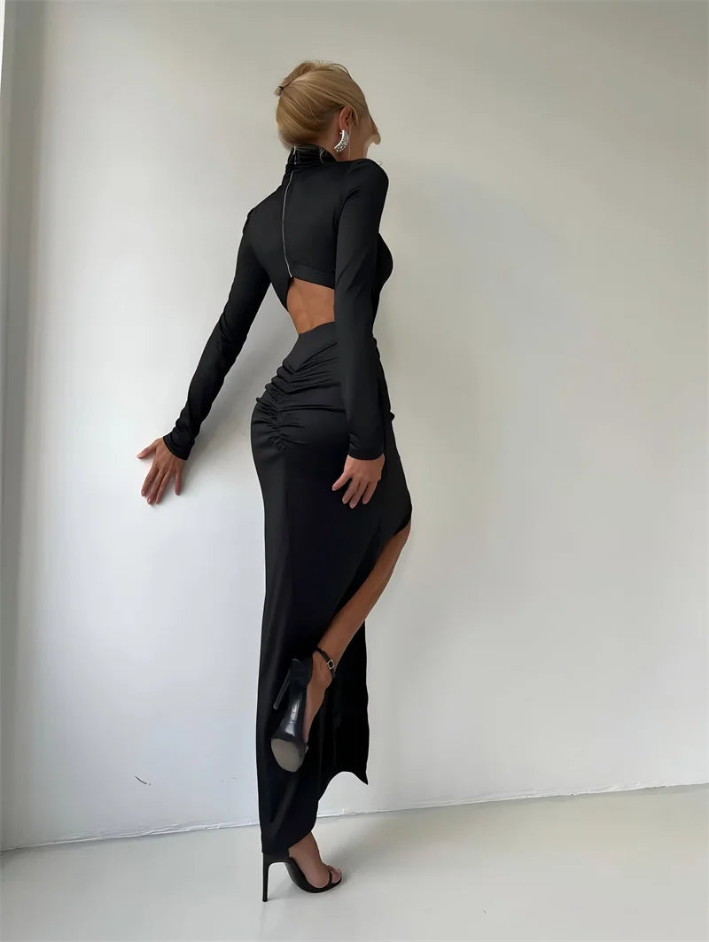 Mozision Turtleneck Backless Sexy Maxi Dress Women Gown Autumn Winter Elegant Long Sleeve Thigh High Split Club Party Long Dress