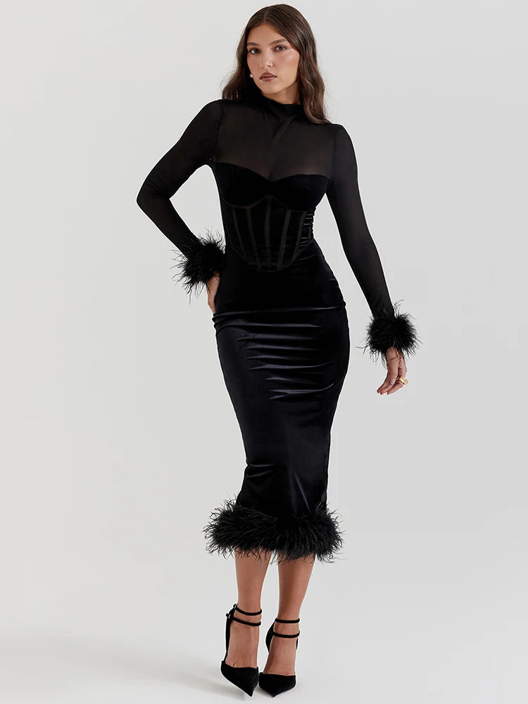 Mozision Elegant Feather Sexy Midi Dress For Women Black Fashion Sheer Long Sleeve Backless Bodycon Club Party Long Dress Wofashion.xyz