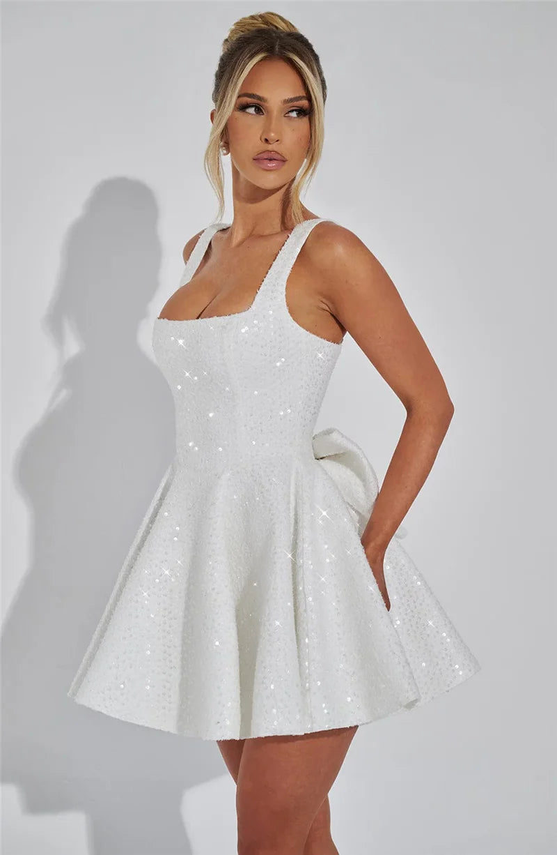 Mozision Sequins Bow Backless Sexy Mini Dress For Women Robe Fashion Square Collar Sleeveless High Waist A-line Club Dress