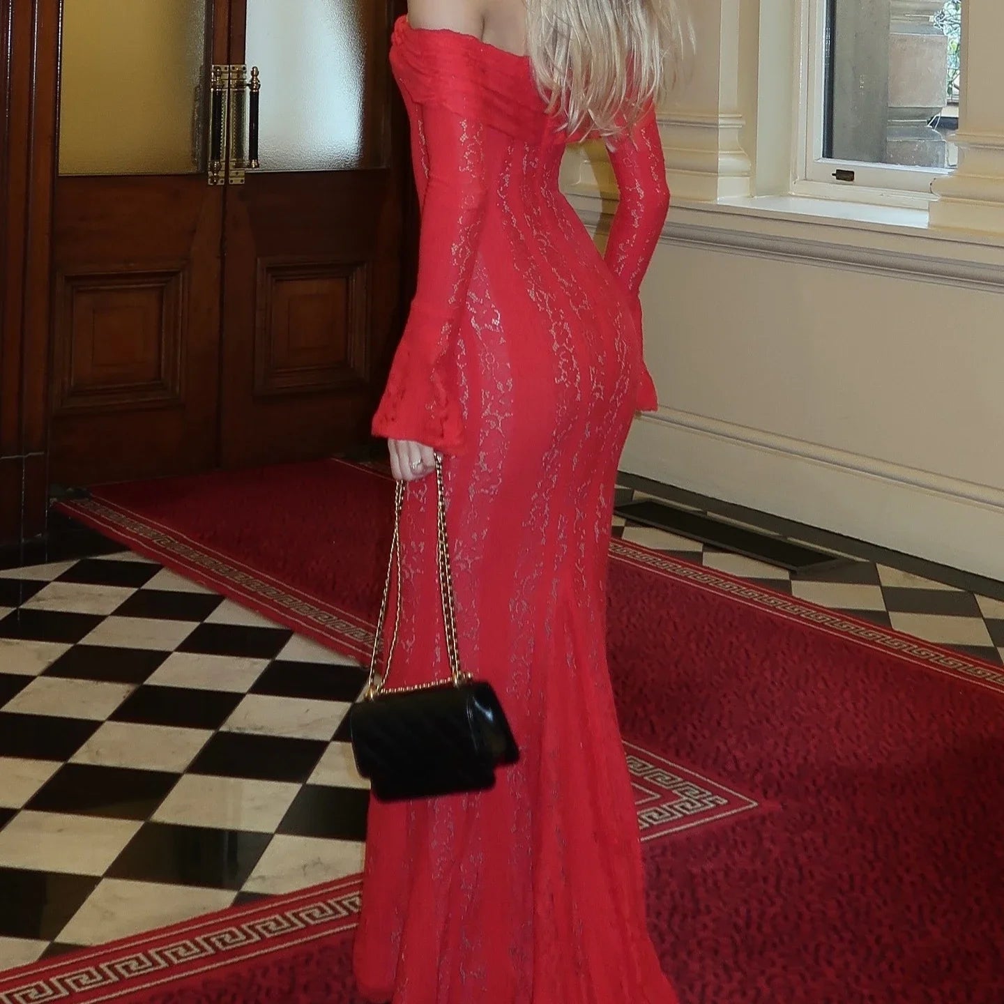 Oligai Autumn Off-Shoulder Maxi Dress Elegant Lace Flare Sleeves Red Evening Party Dress Women's New Arrival 2025 Cocktail Dress