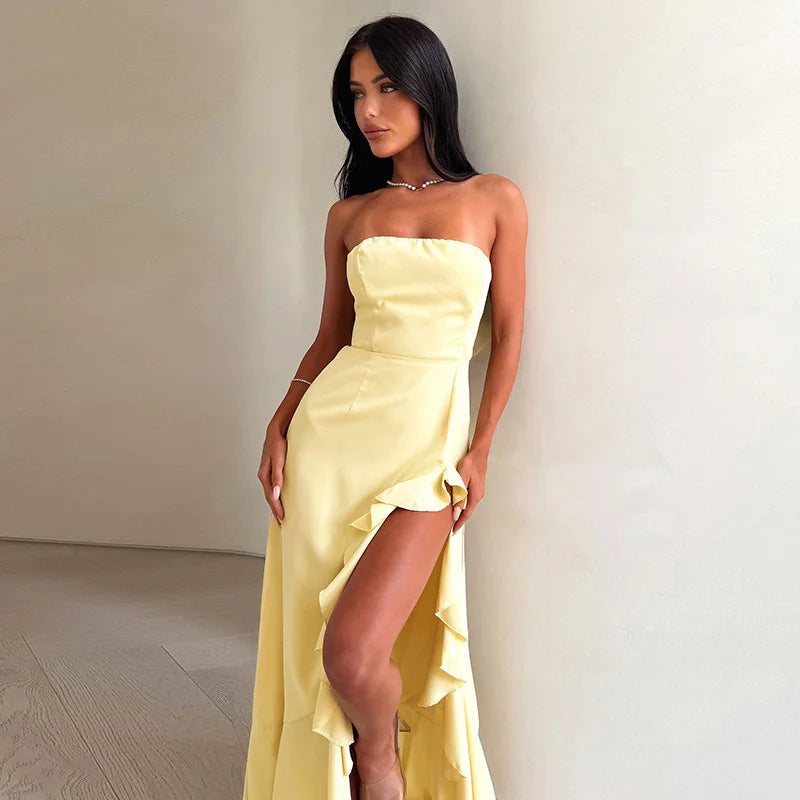 Mozision Off-shoulder Strapless Ruffled Sexy Maxi Dress Women Summer Fashion Backless Bow Thigh High Split Club Long Dress
