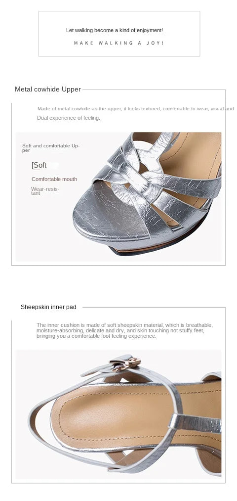 Women's Summer European and American Fashion Stiletto Waterproof Platform Leather Open Toe Round Head Buckle Sandals