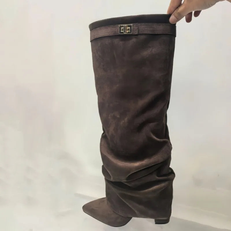 European and American Autumn and Winter New Pointed Straight Leg Skirt Boots for Women, Large Size Thick High Heels Pants Boots