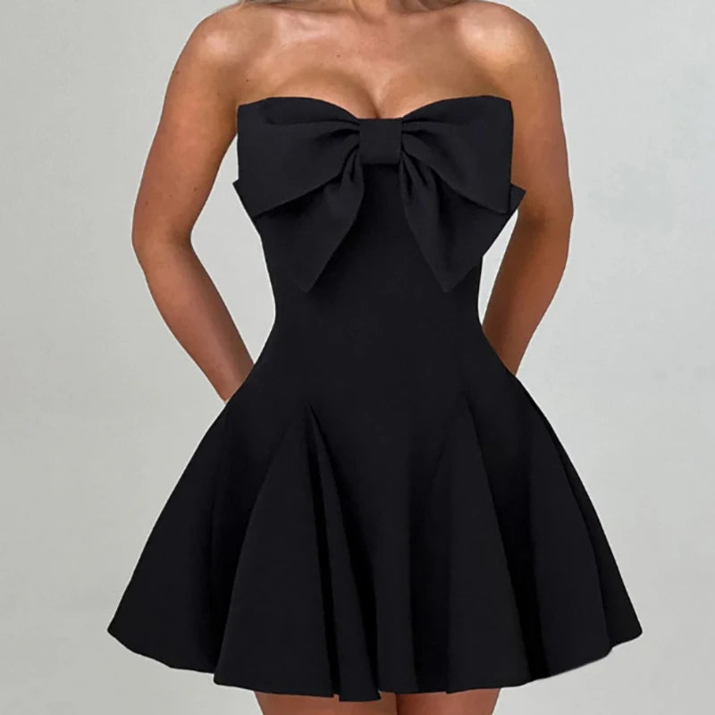 Mozision Bow Strapless Backless Sexy Mini Dress For Women Robe Fashion Solid Off-shoulder Sleeveless A-line Club Dress Vestido