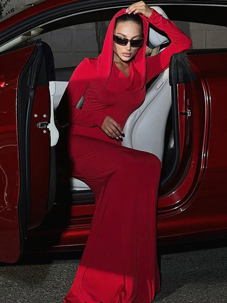 Ahagaga Fashion Sexy Solid Hooded Maxi Dresses Women Elegant Casual Long Sleeve Slim Bodycon Party Vestidos Robes Streetwear