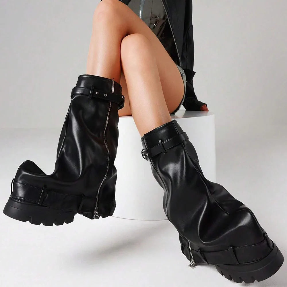 DoraTasia Fashion Women Fold Over Boots Chunky High Heels Mid Calf Platform Punk Gothic Fashion Metallic Motorcycle Shoes Woman