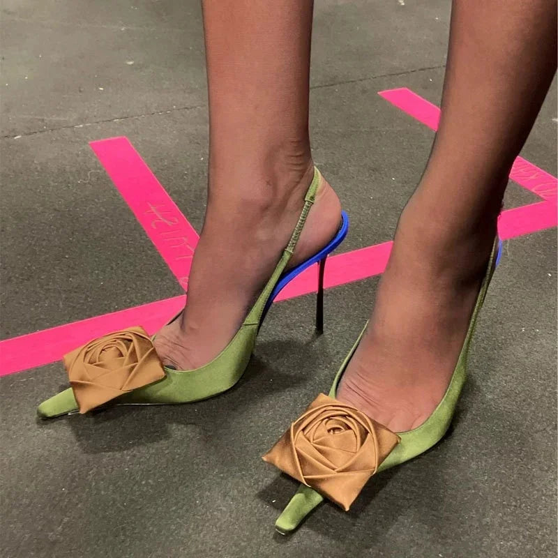 2025 Summer New Brand Luxury High-heeled Sandals Pointed Toe Fashion Flower Decoration Women Pumps Sexy Thin Heels Femme Shoes
