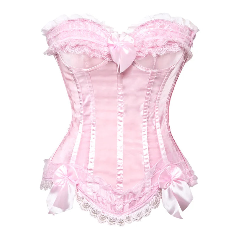 Sexy Satin Overbust Corset Top Lace Bowknot Decorated Clubwear Showgirl Body Shaper Plus Size
