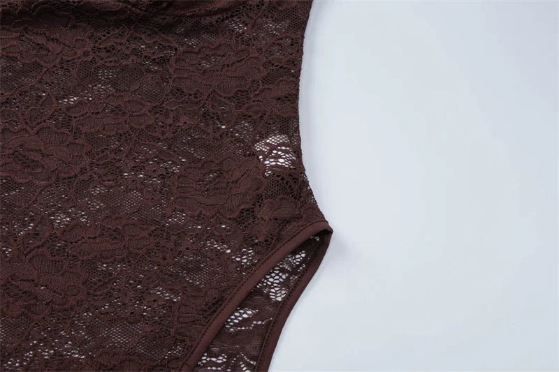 Mozision Lace See Through Sexy Two Piece Set Women Elegant Off-shoulder Backless Bodysuit And Maxi Skirt Matching Club Dress Set