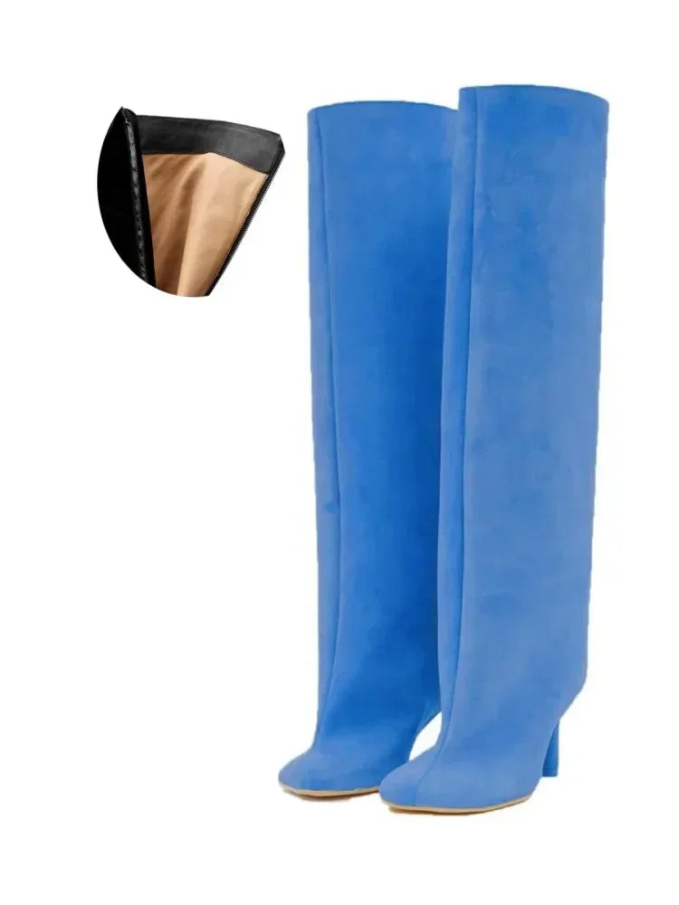 2024 European and American Fashion Stiletto Heels Wide Leg Knee Sleeve Boots Women's Square Head Suede Warm Boots