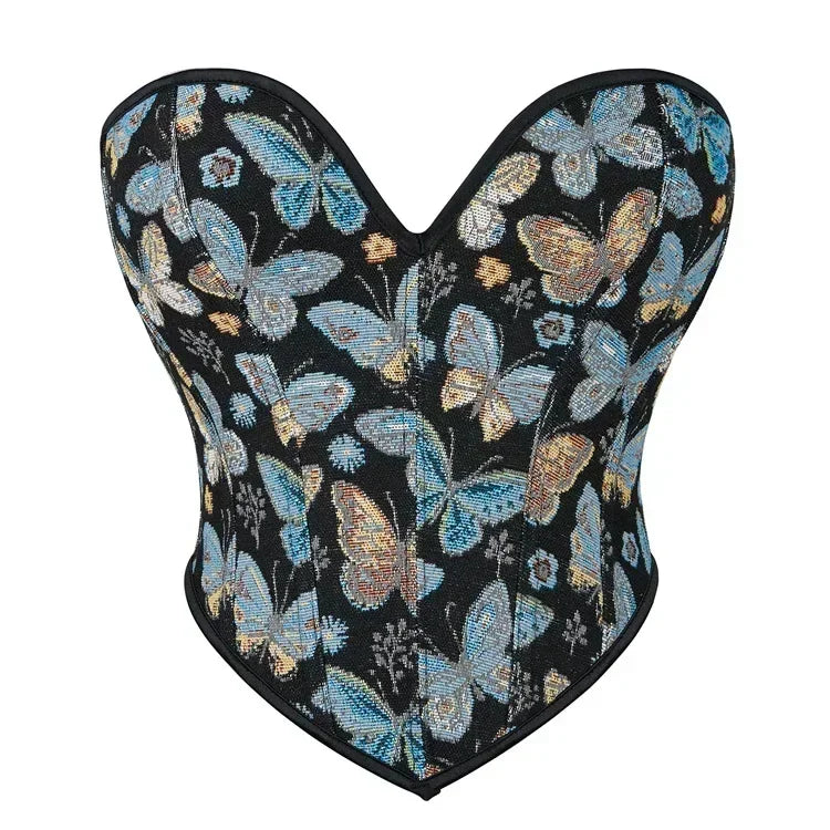Women Corset Crops With Bones Push Up Bodies Lace Up Bustiers Butterfly Patterned Vintage Costumes Shaping Slimm Short Torso Top Wofashion.xyz