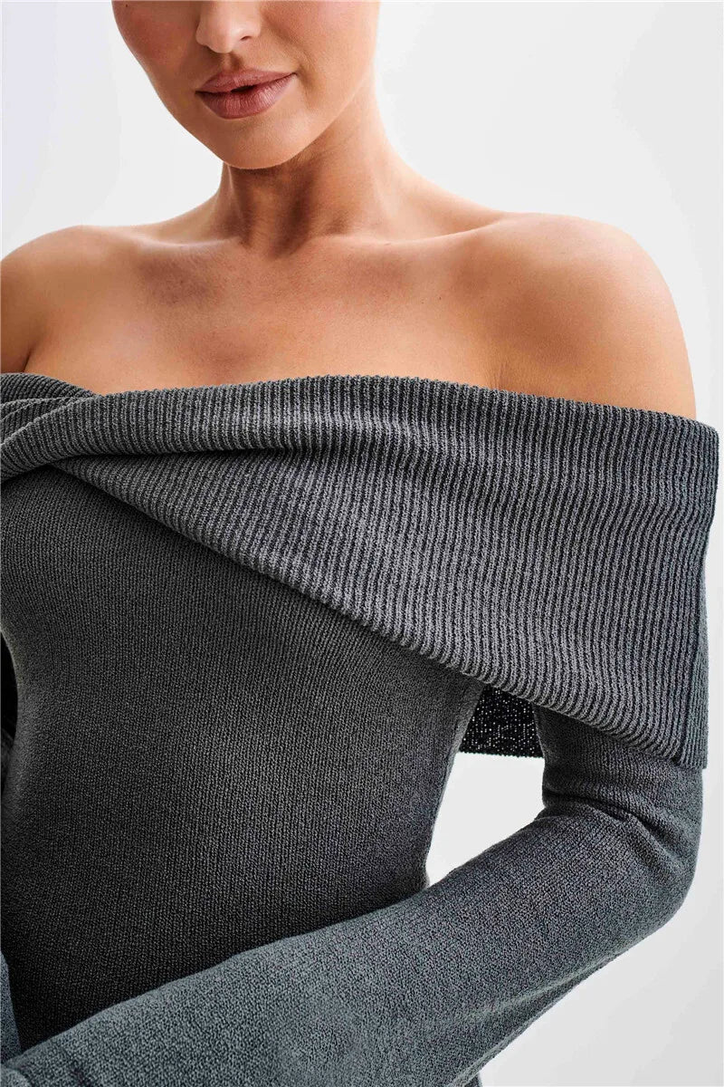 Mozision Off-shoulder Knit Mini Dress For Women Autumn Winter New Strapless Backless Long Sleeve Ruched Draped Knitted Dress