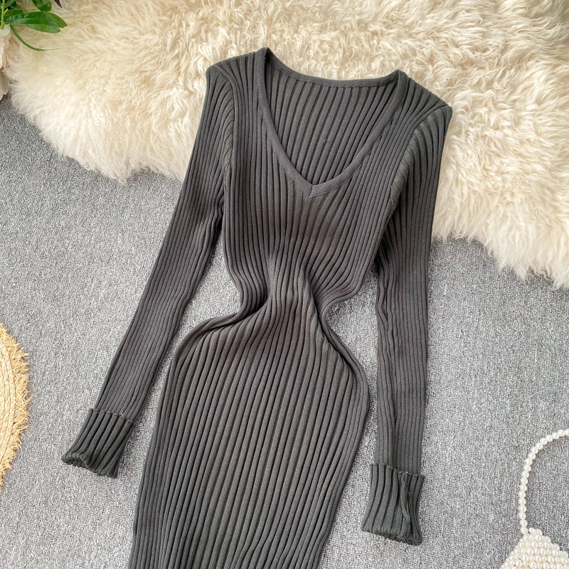 Women's Knitted Midi Dr Pure Color Long Sve Slim Fit High Waist V-Ne Korean Sle Faionable Autumn Winter Dr