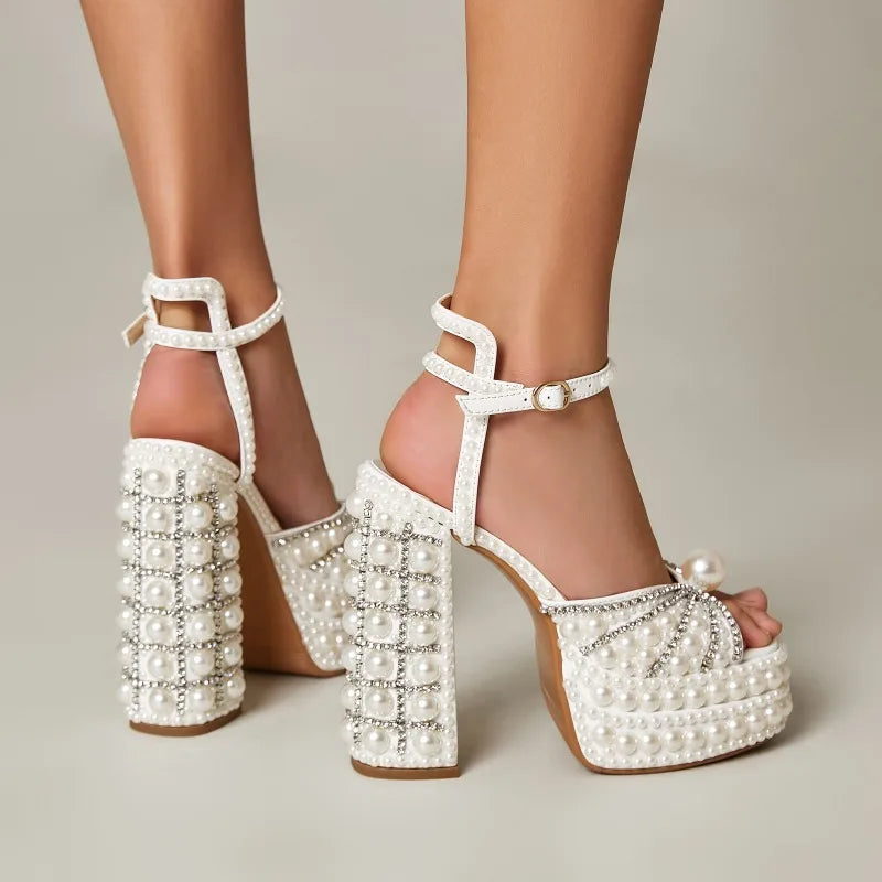 Highqualityhandmaderhinestonerough High-heeledthicksoled Fishmouth Sandalsfrom Europe AndAmerica, Women's Sexy Rivet Party Shoes