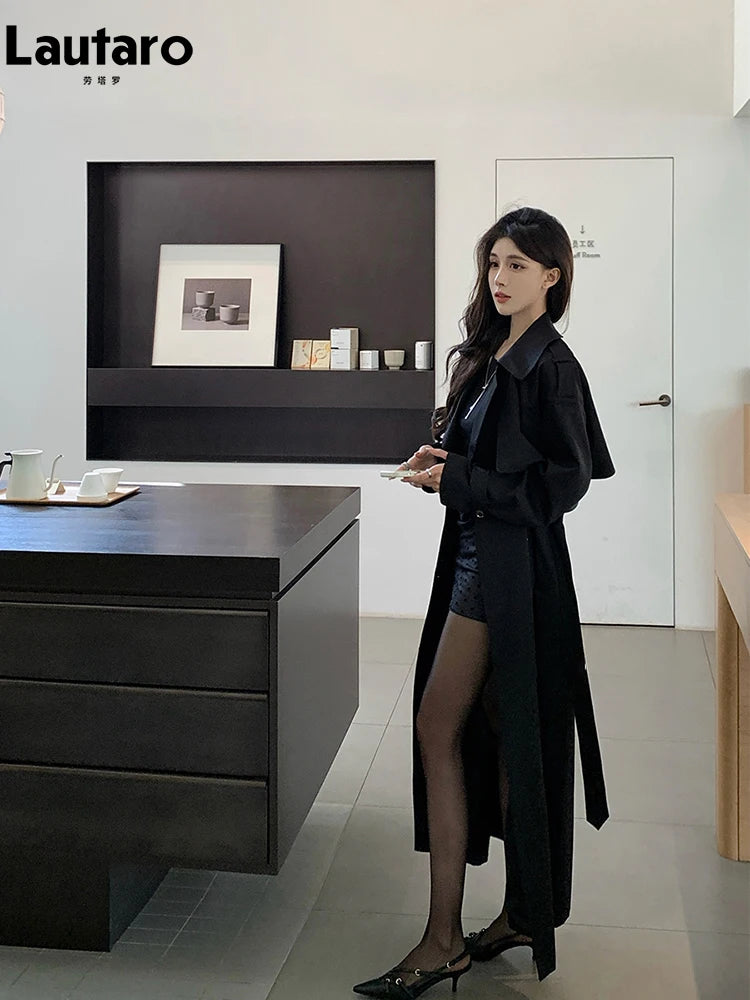 Lautaro Spring Autumn Long Black Hard Waterproof Trench Coat for Women Belt Double Breasted High Quality Luxury Overcoat 2024