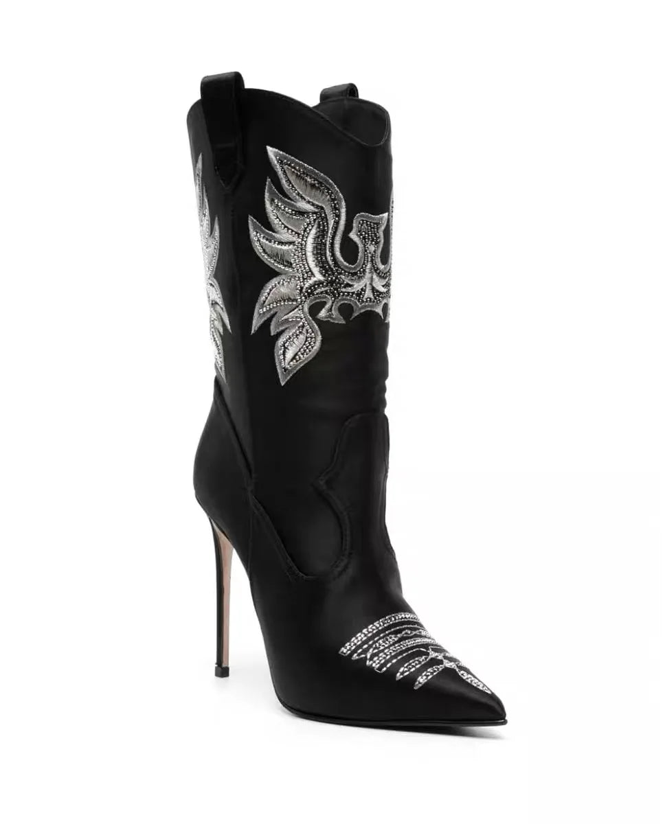 Women's Denim Western Cowboy Boots Pointed Toe Stiletto Heel, Sexy Embroidery Knight Runway Fashion Ankle Booties