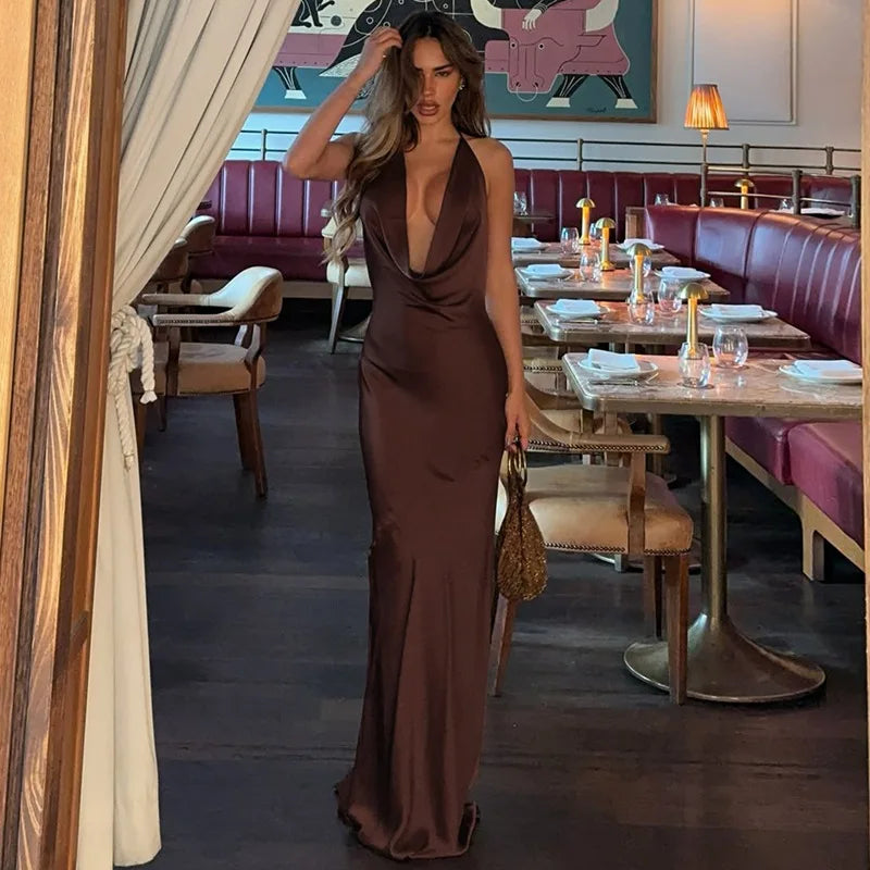 Talenza Sexy Deep V-Neck Long Dress Solid Fashion Ruched Lace Up Backless Slim Dress Elegant Vintage Luxury Party Evening Dress