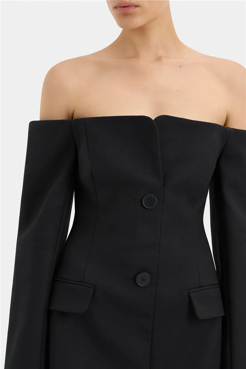 Mozision Off-shoulder Strapless Sexy Blazer Dress For Women Fashion Solid Zipper Two Pocket Long Sleeve Backless Mini Dress