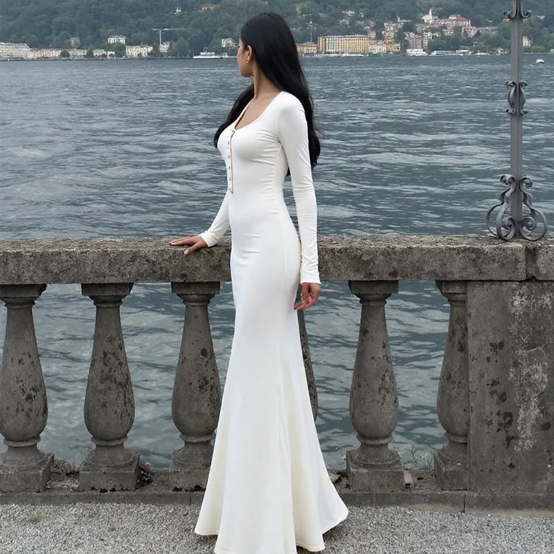 Mozision Square Collar Long Sleeve Sexy Maxi Dress For Women Autumn Winter White Single-breasted High Waist Bodycon Club Dresses