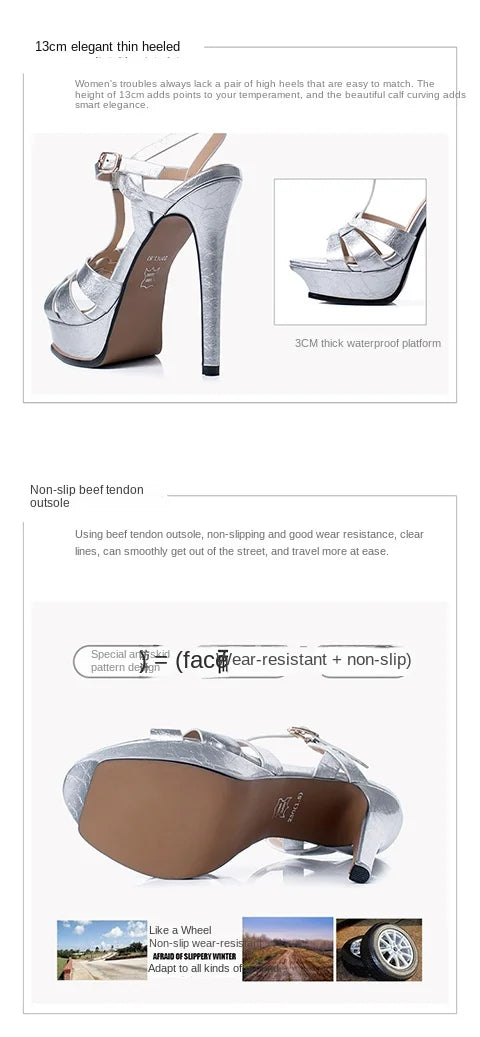 Women's Summer European and American Fashion Stiletto Waterproof Platform Leather Open Toe Round Head Buckle Sandals