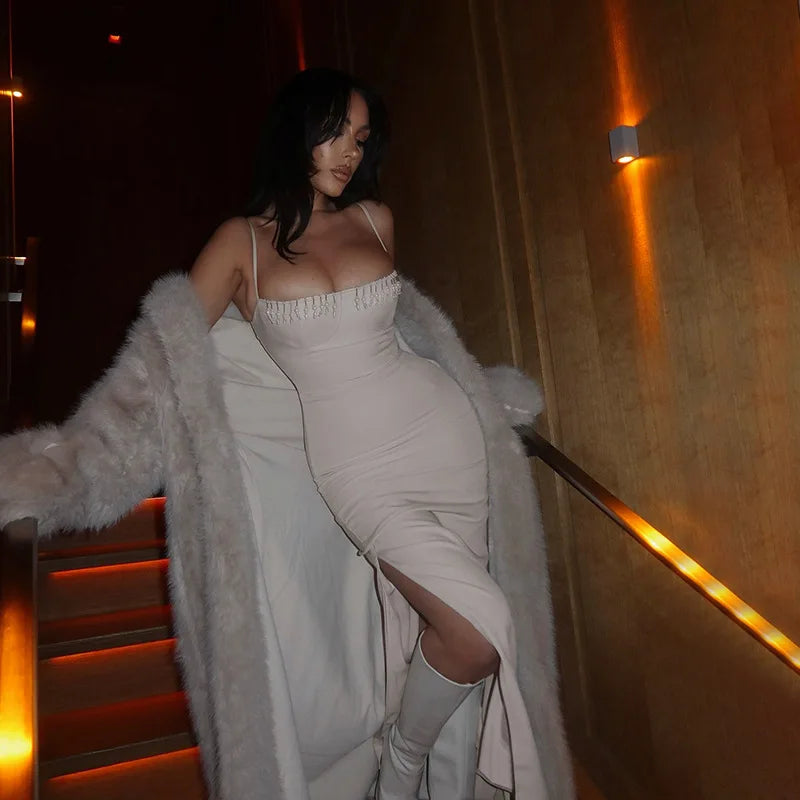 NIDANSSI Beading Split Evening Club Party Dress Women Robes Backless Elegant Sexy Dress Bodycon Midi Long Summer Dress Vestidos