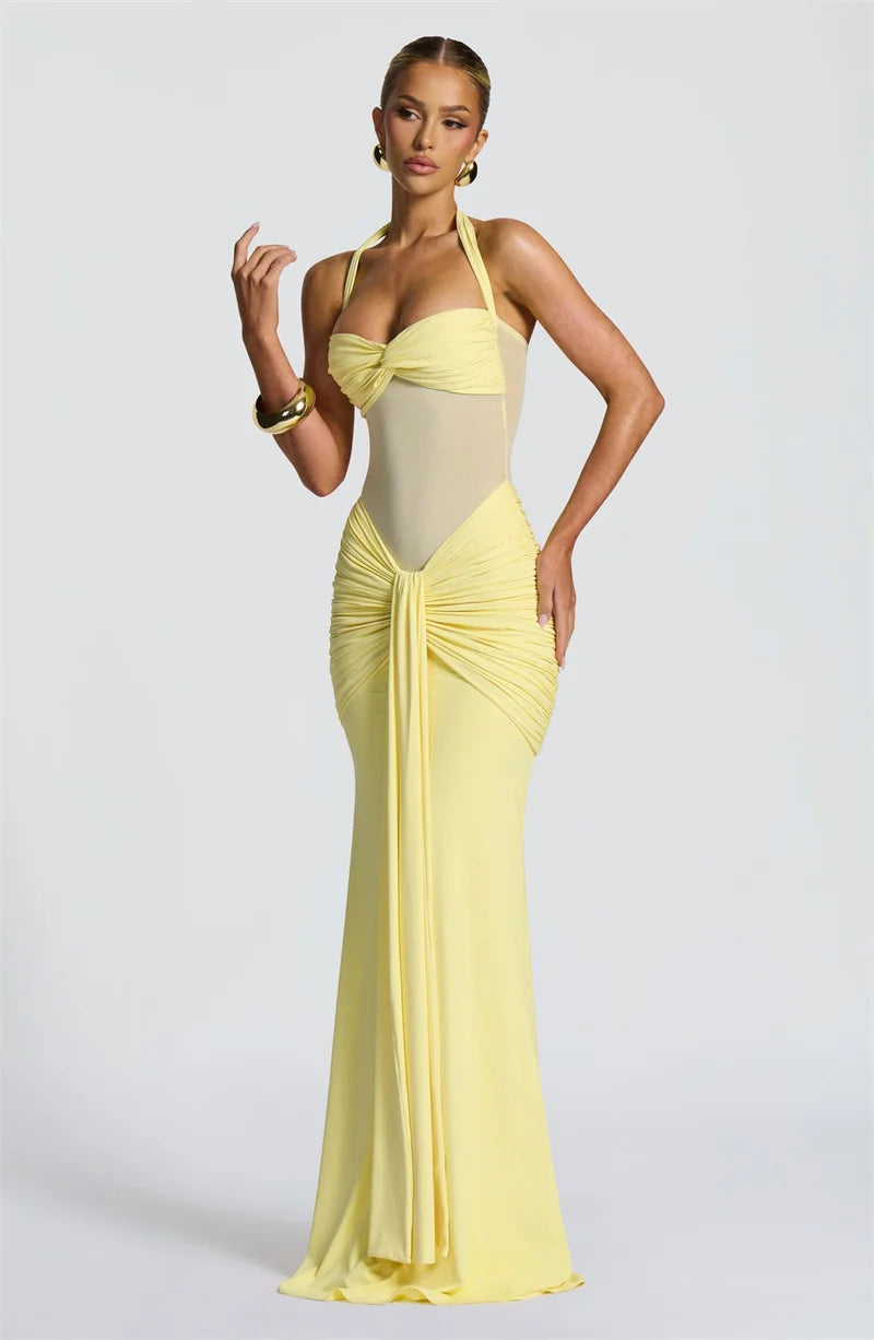 Mozision Halter Backless Sexy Maxi Dress Women Fashion Patchwork Off-shoulder Sleeveless Ruched Draped Bodycon Club Party Dress