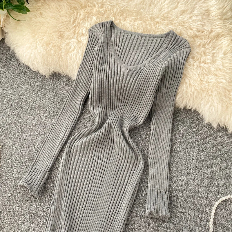 Women's Knitted Midi Dr Pure Color Long Sve Slim Fit High Waist V-Ne Korean Sle Faionable Autumn Winter Dr