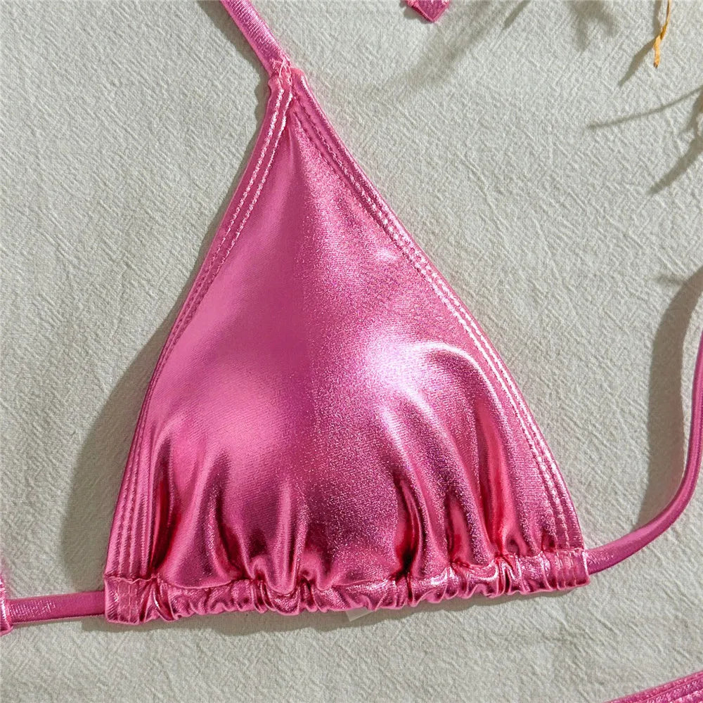 Gold Micro Thong String 3 Piece Bikini Set Damen Halter Swimwear Skirts Cover Ups Sexy Swimsuit Women 2025 Bathing Suit Bikinis