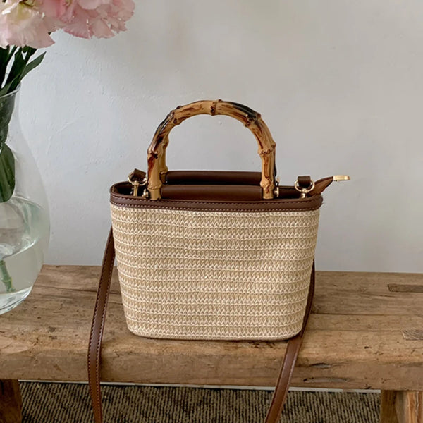 Simple Hand Knitted Women's Travel Handbags Fashion Wooden Handle Ladies Shoulder Bags Summer Straw Female Bucket Crossbody Bags Wofashion.xyz
