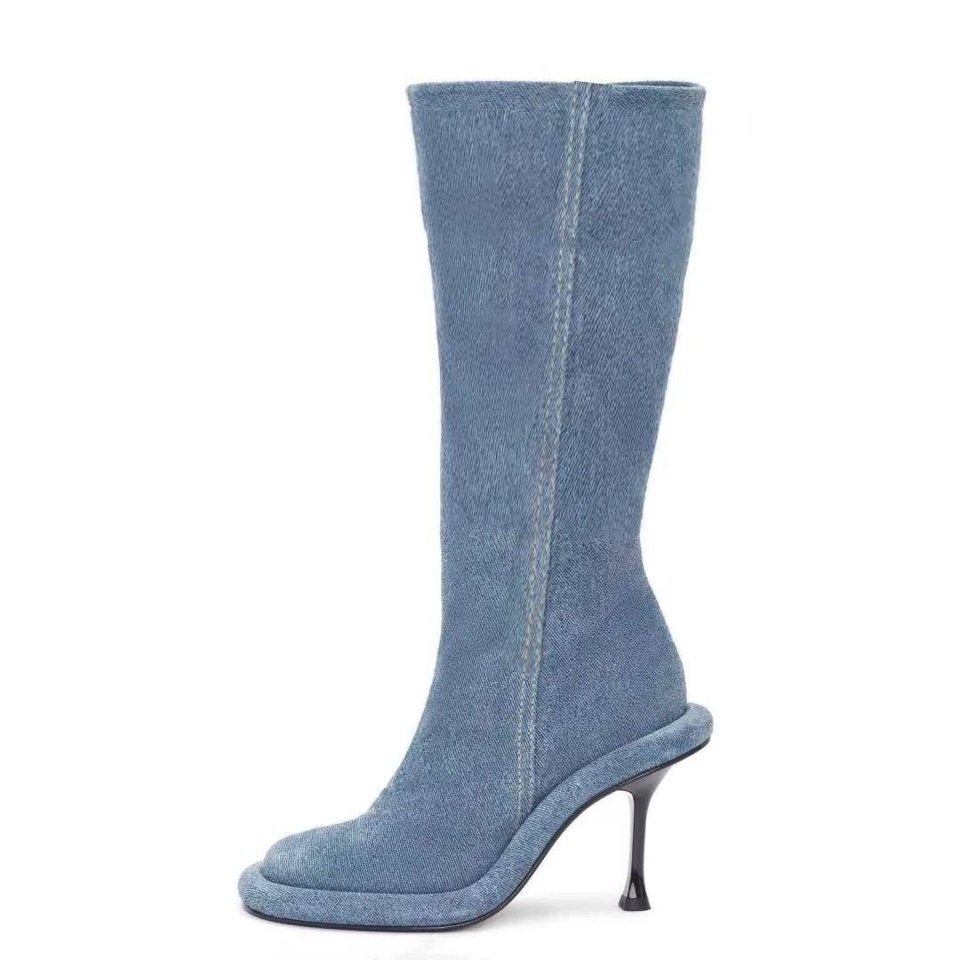 European and American Trend Retro Denim Slim High Heels Round Toe Short Boots for Women Sexy Side Zipper Fashion Banquet Shoes