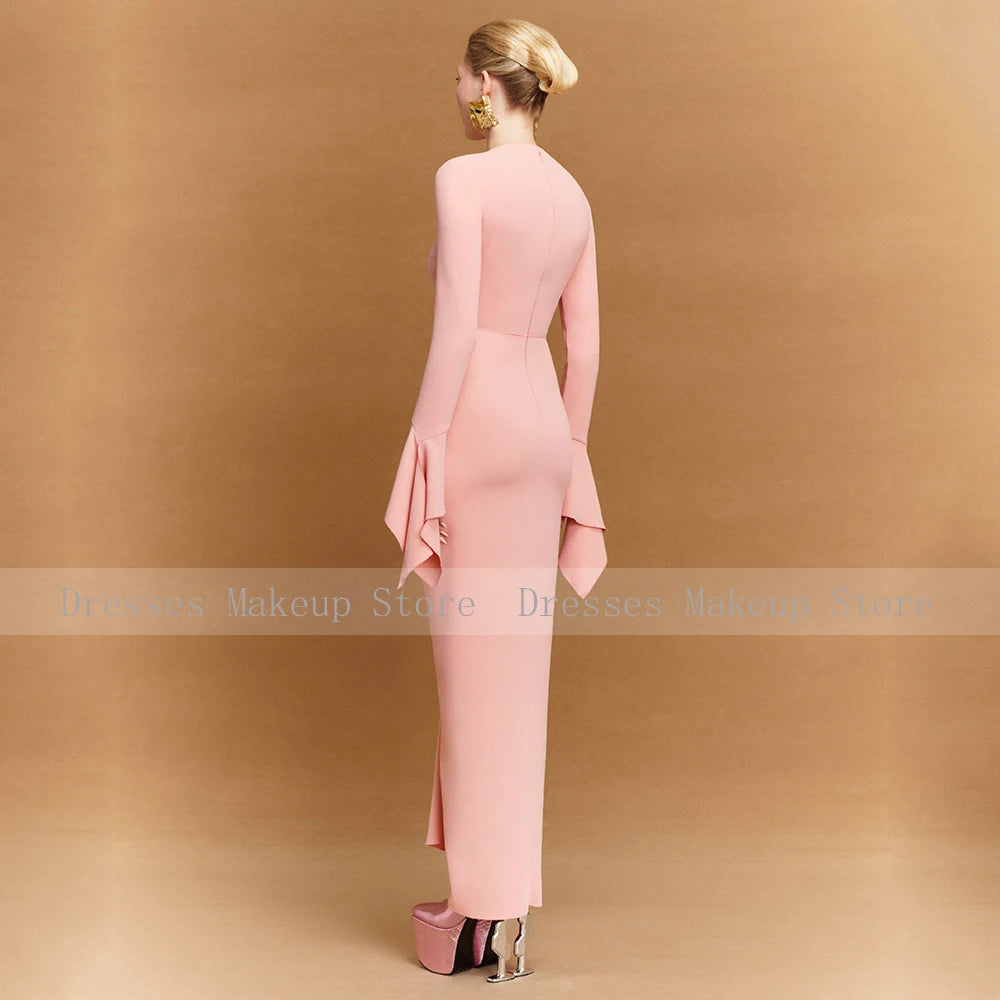 Pink Evening Dress Maxi O Neck Long Sleeves Ruffle Sheath Modest Evening Gowns for Women 2025 Column Formal Party Dresses