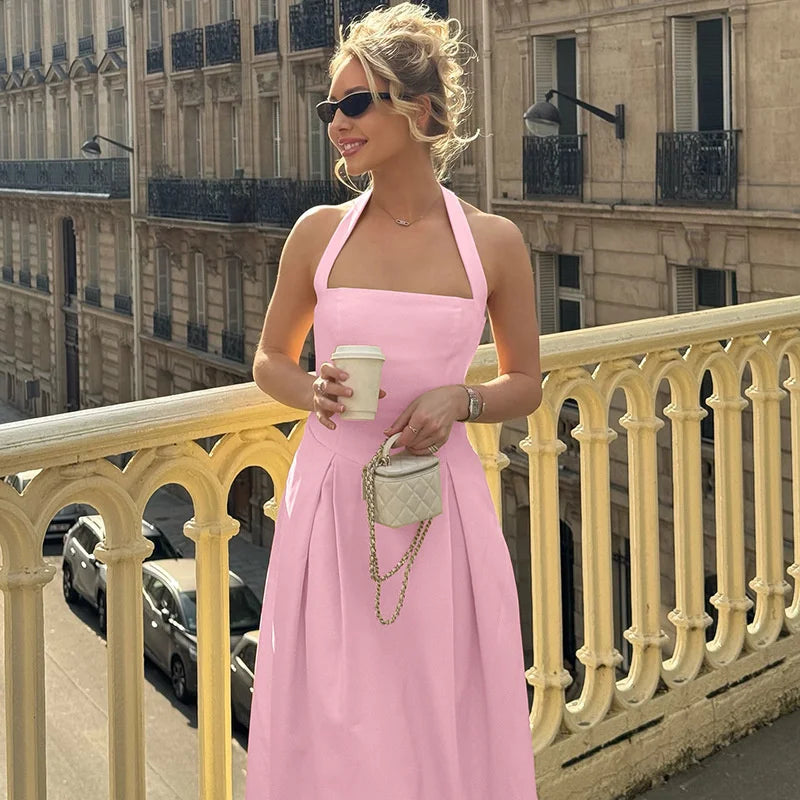 Mozision Halter Backless Sexy Midi Dress Women Fashion Solid Sleeveless High Waist A-line Club Party Pleated Long Dresses Female