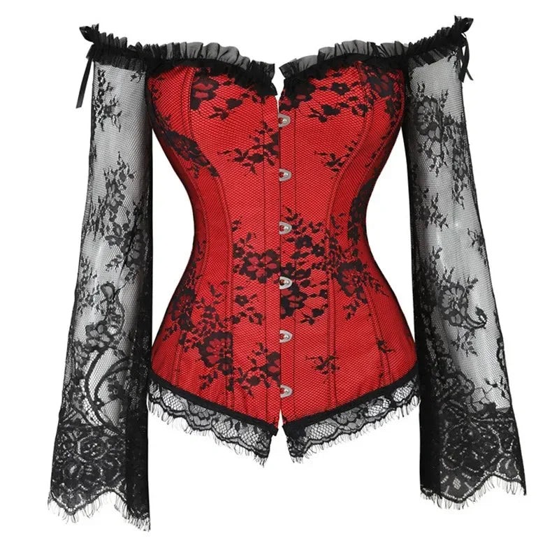 Medieval Women Corset Top Plus Size Sexy Lace Long Sleeve Bustiers Shoulder Straps Corselet Vintage Victorian Black Red Wofashion.xyz