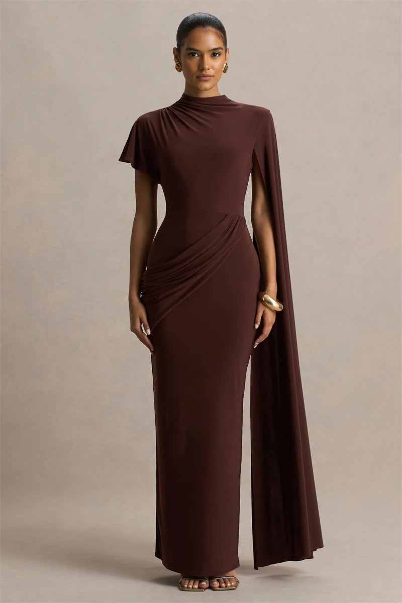 Mozision One Long Cape Sleeve Sexy Maxi Dress Women Gown Elegant O Neck Half High Collar High Waist Ruched Club Party Long Dress