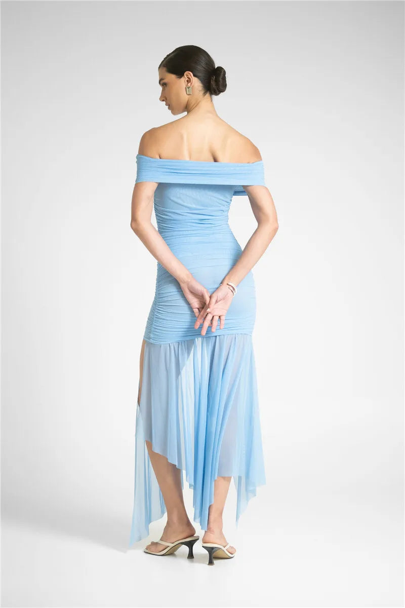 Mozision Mesh Off-shoulder Backless Sexy Maxi Dress For Women Fashion Strapless Sleeveless Split Ruched Bodycon Club Party Dress