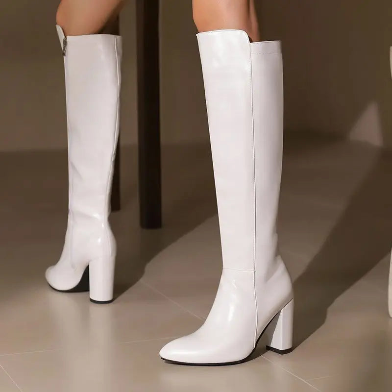 REAVE CAT Sexy Female Knee High Boots Pointed Toe Chunky Heels 8.5cm Big Size 46 47 48 Fashion Party Women Booties
