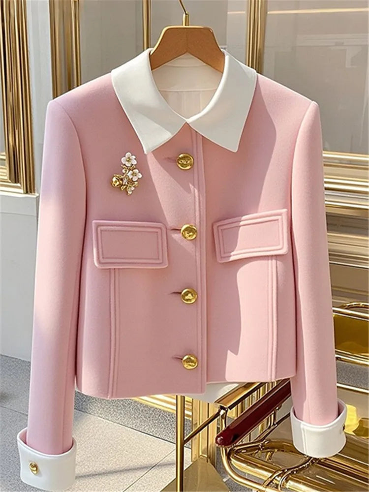 New Autumn And Winter 2025 Pink Padded Single-Breasted Women's Woolen Coat Unique Korean Version Temperament Ladies Jacket