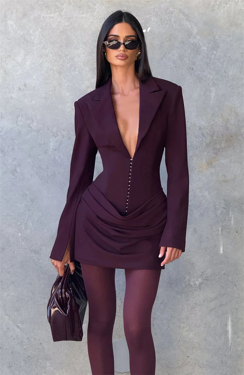 Mozision Long Sleeve Deep V Neck Ruched Sexy Mini Dress Women Autumn Winter Fashion High Waist Club Party Blazer Dresses Female