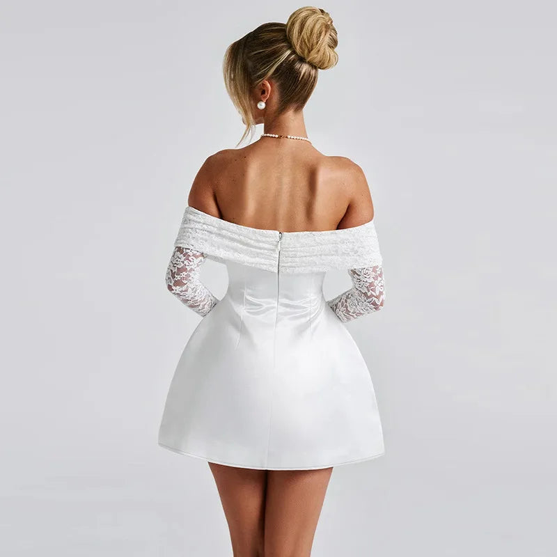 NIDANSSI White Lace Strapless Pleated Evening Party Dress Women Backless Elegant Sexy Dress Bodycon Mini Winter Dress Vestidos