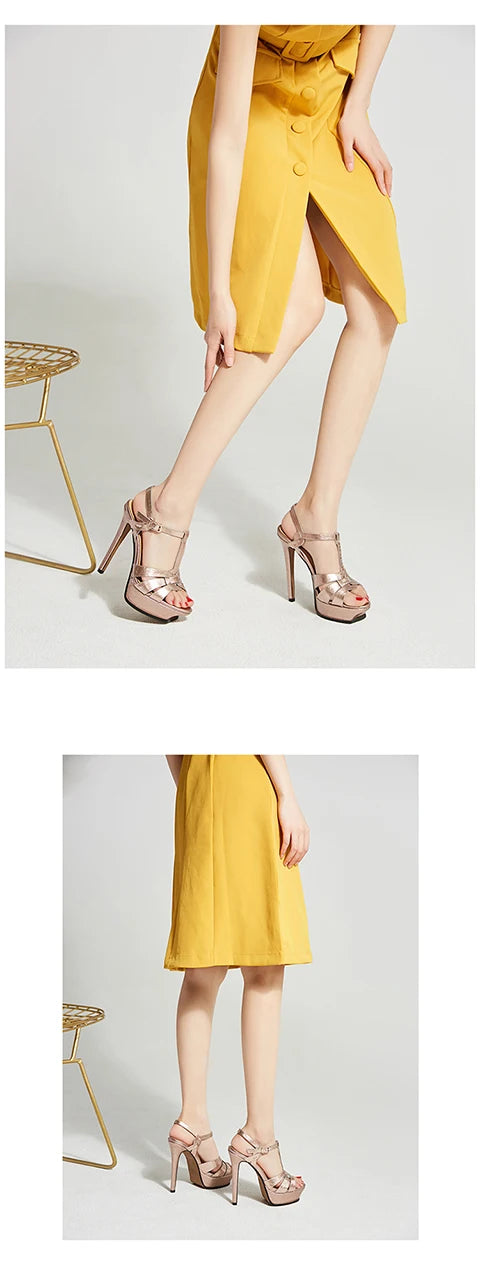 Women's Summer European and American Fashion Stiletto Waterproof Platform Leather Open Toe Round Head Buckle Sandals