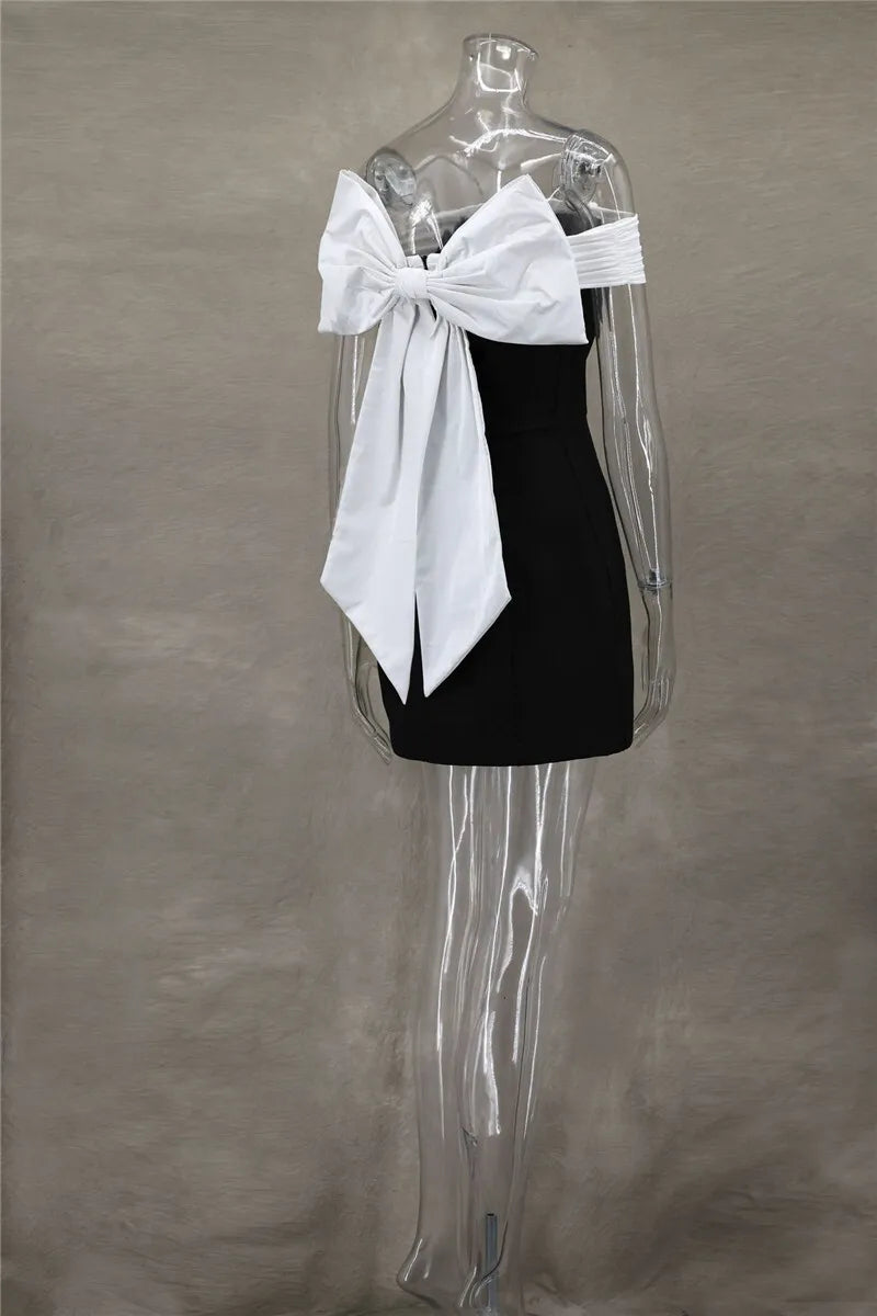 Mozision Bow Backless Sexy Mini Dress For Women Robe Elegant Off-shoulder Strapless Sleeveless A-line Club Sexy Dress Vestido